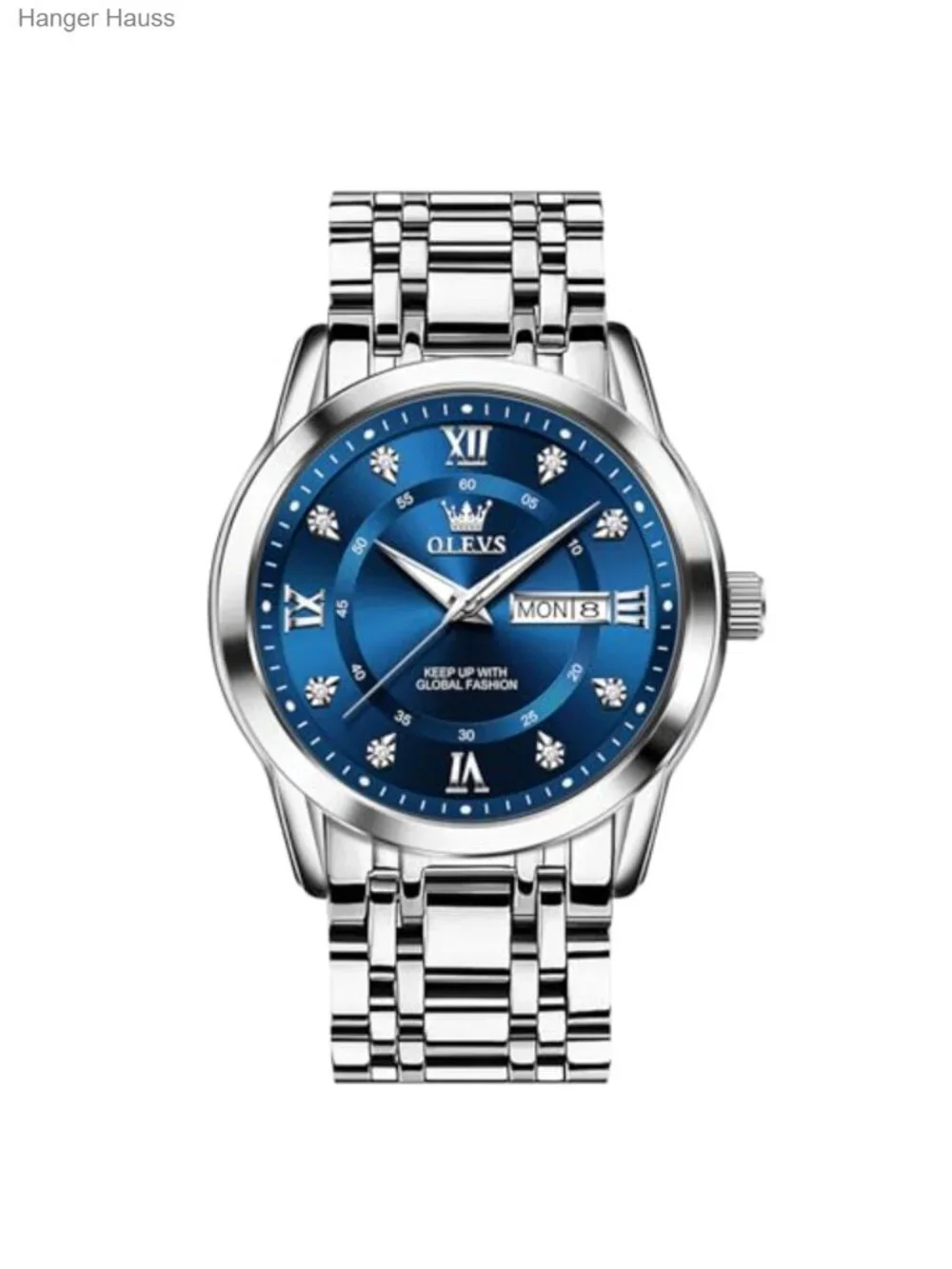 Men's Stainless Steel Watch Large Face Roman Numerals Diamond Accented Analog